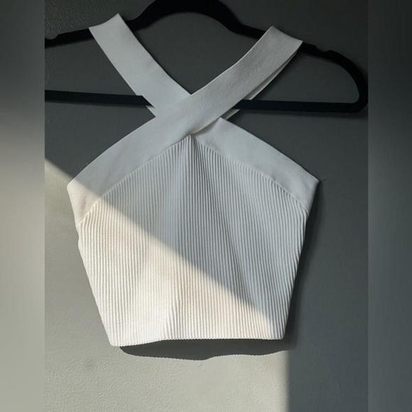 Babaton White Sculpt Knit Criss Cross Cropped Tank (Rib-knit Cross-Front Halter) - Picture 3 of 9